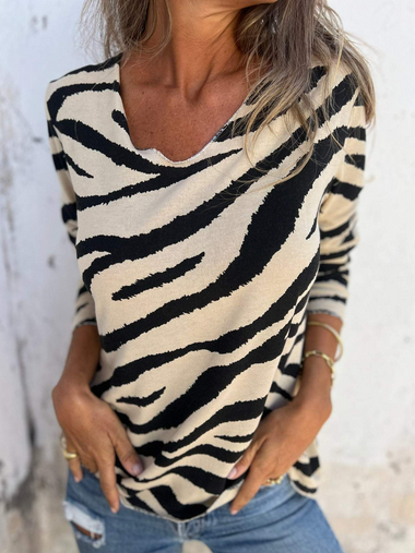 Casual Long Sleeve V Neck Striped Regular T-Shirt