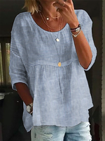 Loose Three Quarter Sleeve Crew Neck Striped Casual Regular Blouse