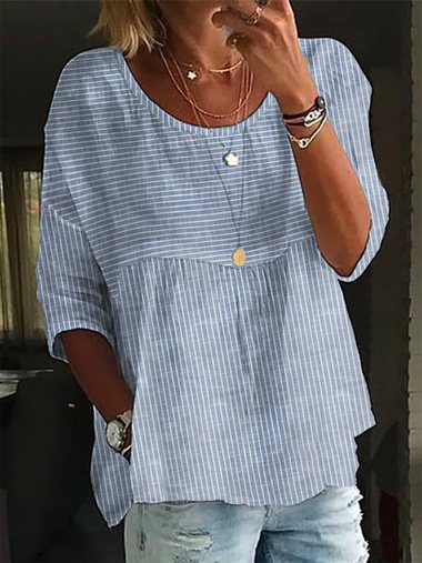Loose Three Quarter Sleeve Crew Neck Striped Casual Regular Blouse