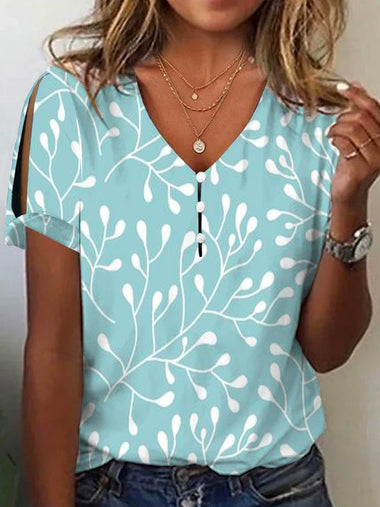 Casual Short Sleeve V Neck Leaf Loose Mid-Long Blouse