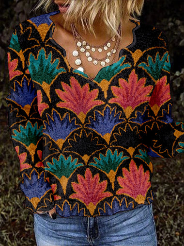 Loose Long Sleeve V Neck Ethnic Geometry Vintage Regular T-Shirt