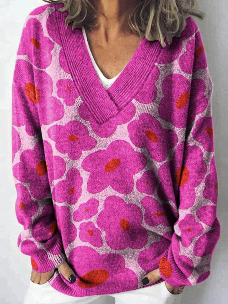 Long Sleeve V Neck Floral Vintage Regular Sweater