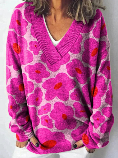 Long Sleeve V Neck Floral Vintage Regular Sweater