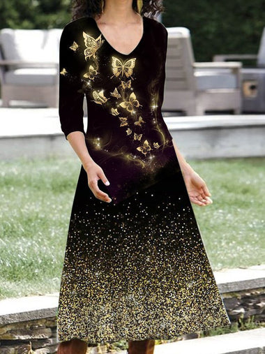 Casual Long Sleeve V Neck Ethnic Floral Maxi Dress