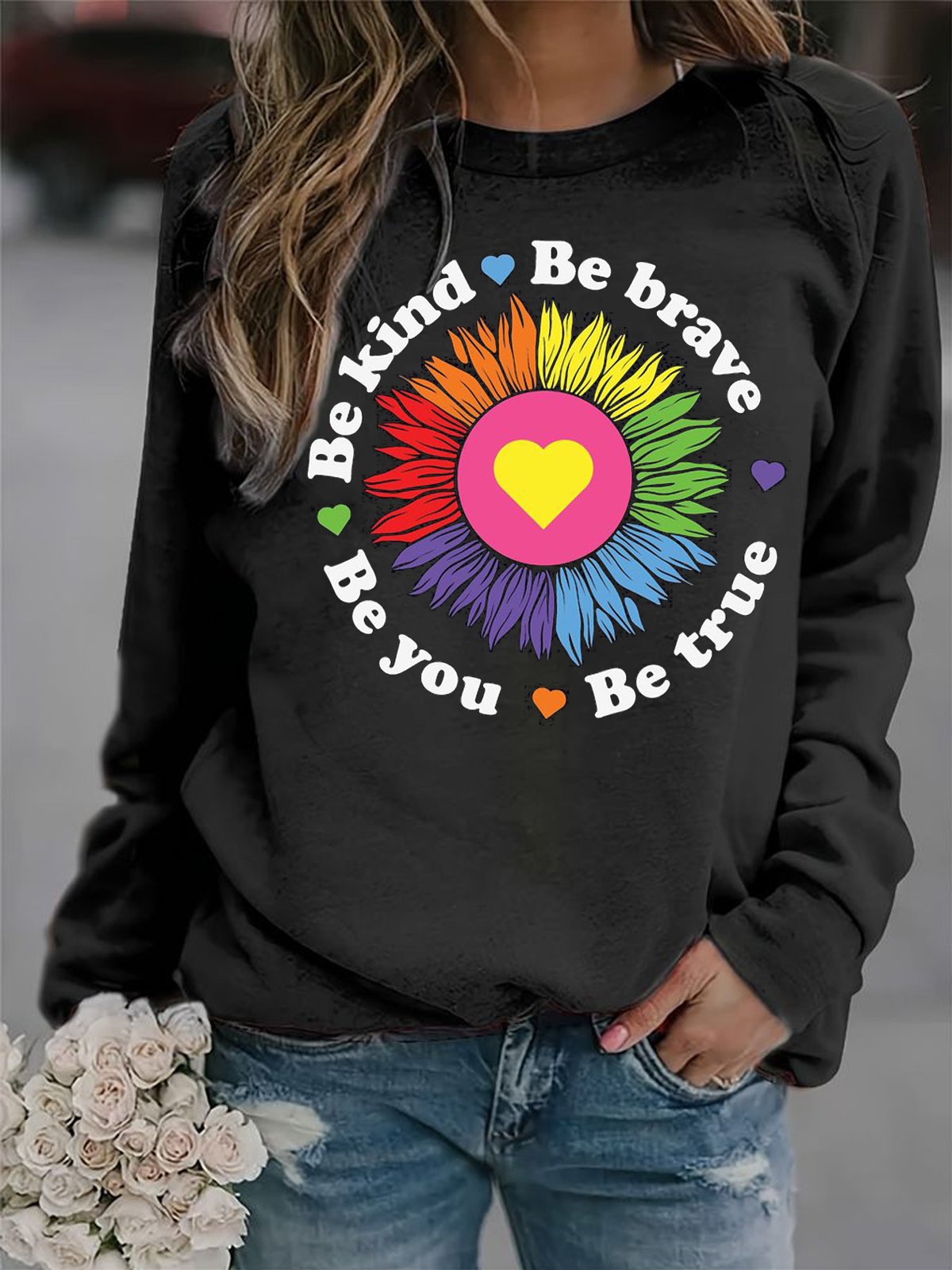 Loose Long Sleeve Crew Neck Letter Pattern Casual Regular Sweatshirt