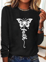 Casual Long Sleeve Crew Neck Butterfly Loose Regular T-Shirt