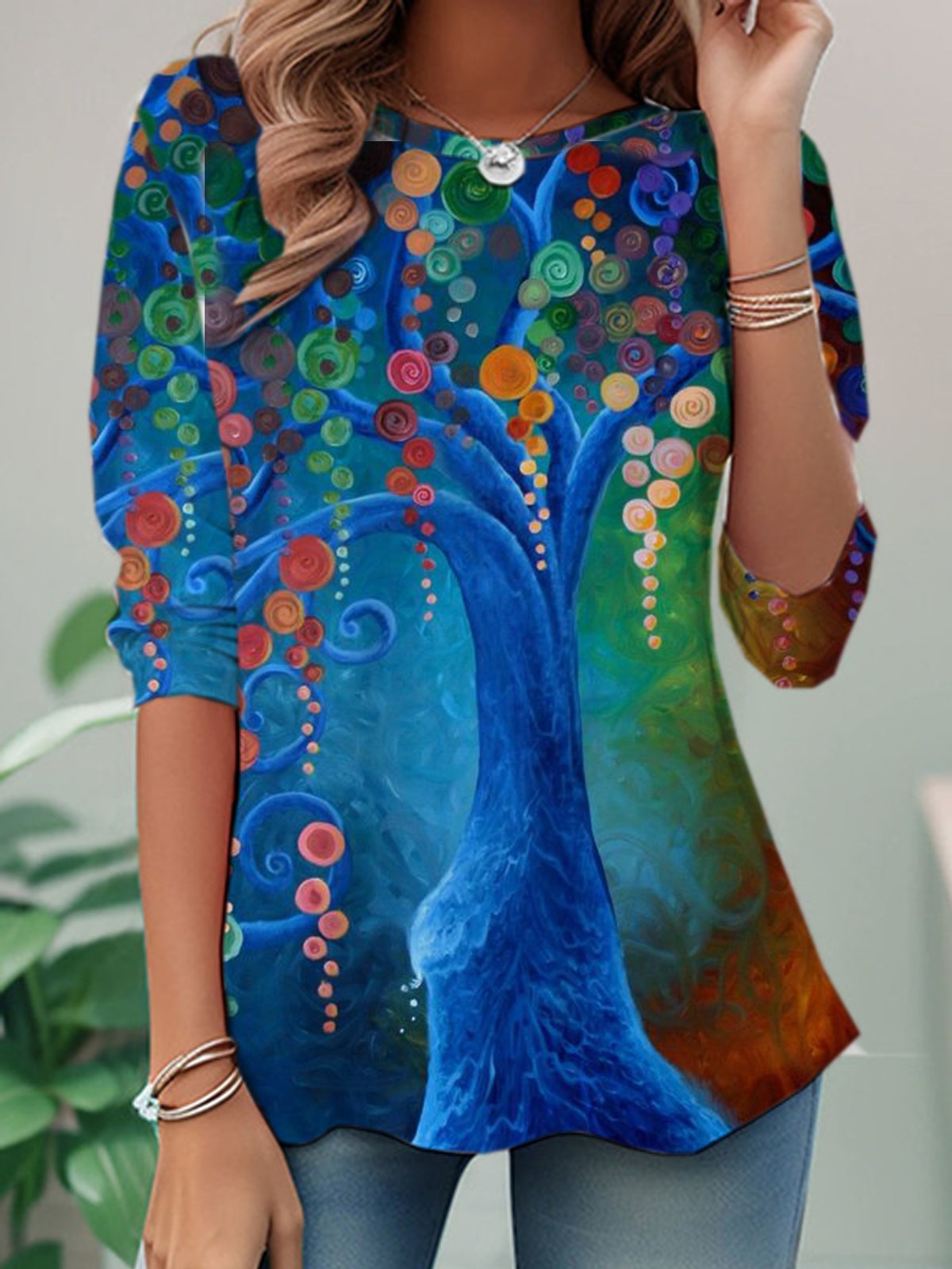 Casual Long Sleeve Crew Neck Leaf Loose Regular T-Shirt