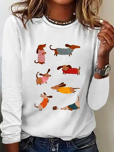 Loose Long Sleeve Crew Neck Dog Casual Regular T-Shirt