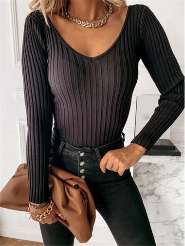 Casual Long Sleeve V Neck Plain Loose Regular Blouse