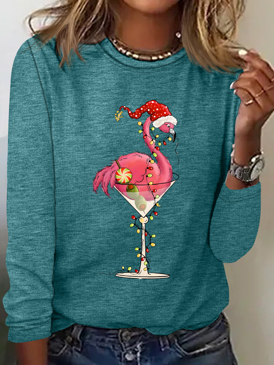 Casual Long Sleeve Crew Neck Flamingo Loose Regular Blouse