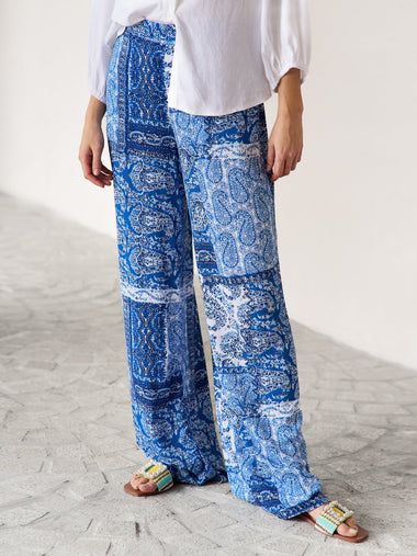 Loose Ethnic Blue Floral Vacation Long Pants