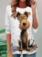 Casual Long Sleeve Crew Neck Dog Loose Regular T-Shirt