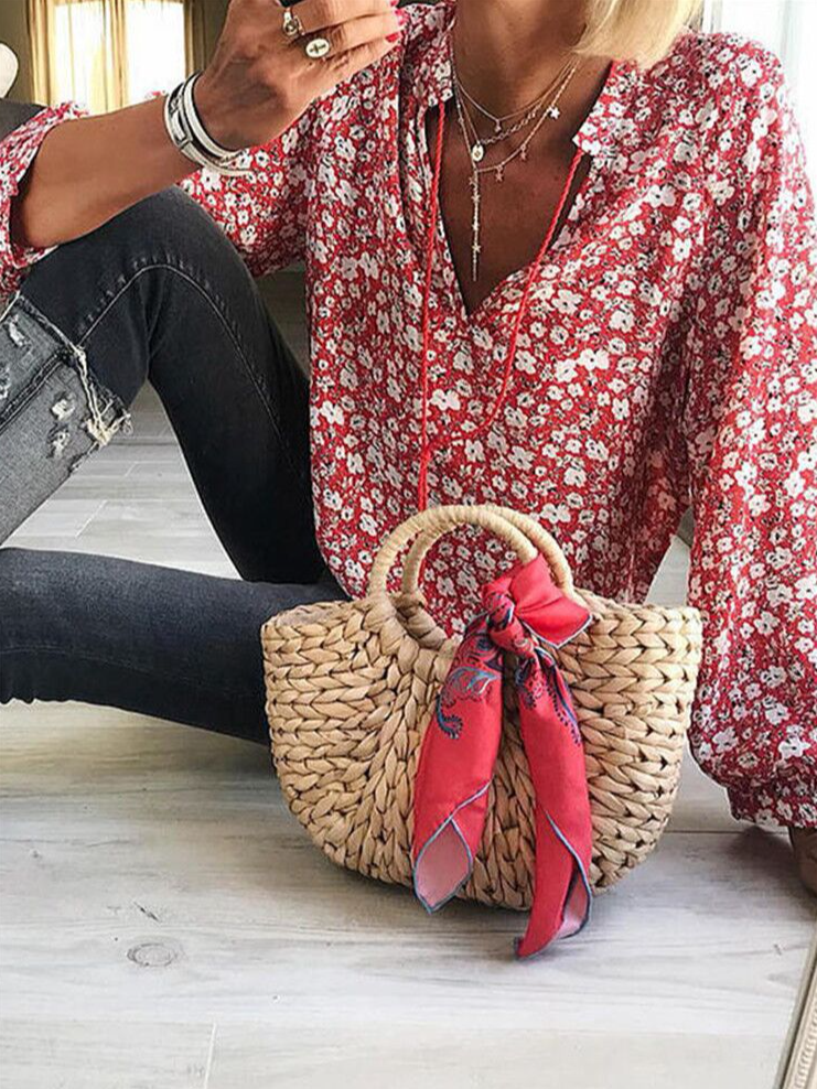 Casual Long Sleeve V Neck Floral Loose Regular Blouse