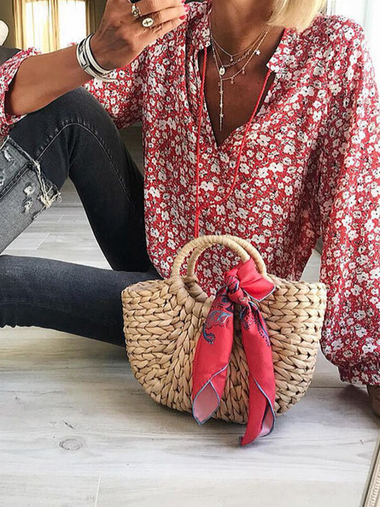 Casual Long Sleeve V Neck Floral Loose Regular Blouse