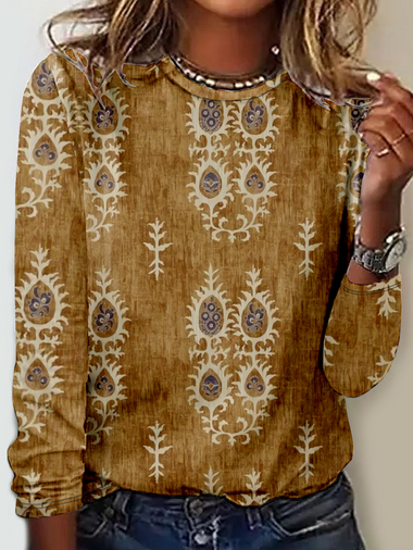 Casual Long Sleeve Crew Neck Ethnic Loose Regular T-Shirt