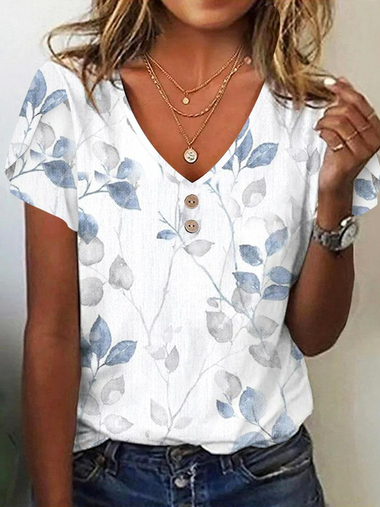 Loose Short Sleeve V Neck Leaf Casual Regular T-Shirt