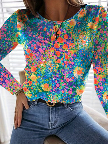 Casual Long Sleeve Crew Neck Floral Loose Regular T-Shirt