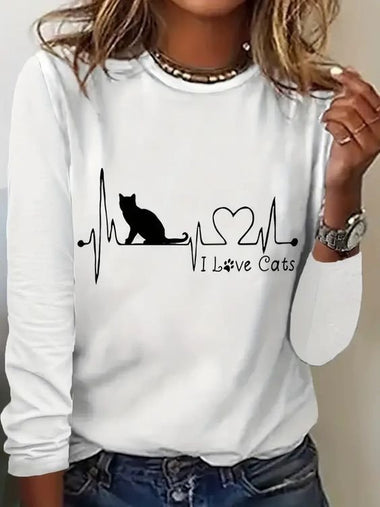 Loose Long Sleeve Crew Neck Cat Casual Regular T-Shirt