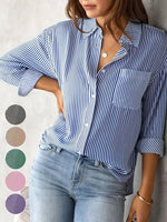 Casual Long Sleeve Shirt Collar Striped Loose Mid-Long Shirt
