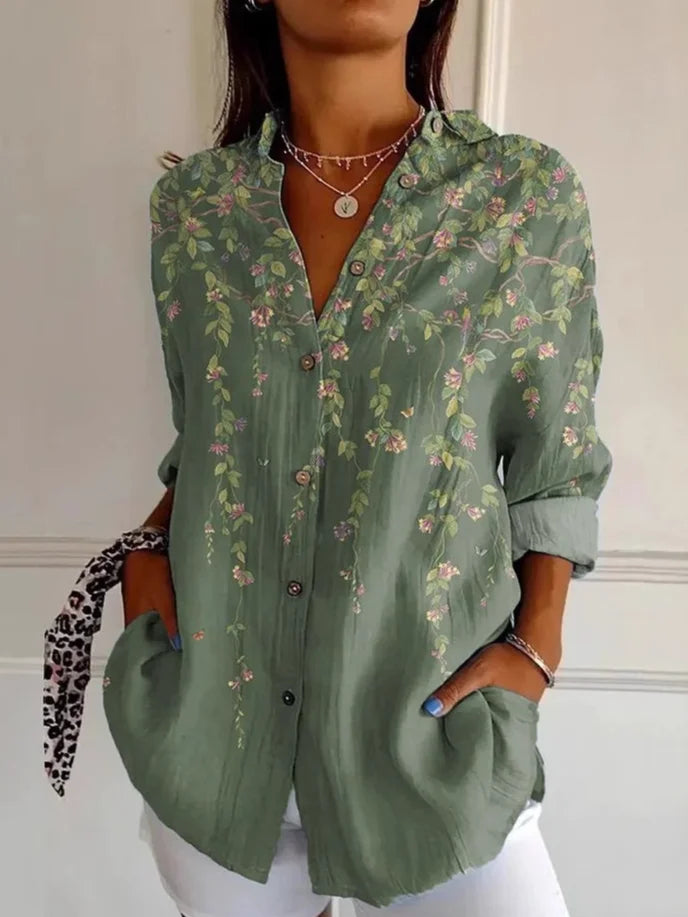 Loose Long Sleeve Shirt Collar Ethnic Floral Casual Regular Shirt