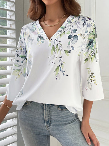 Casual Three Quarter Sleeve V Neck Floral Leaf Loose Regular Blouse