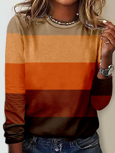 Long Sleeve Crew Neck Striped Casual Regular Blouse