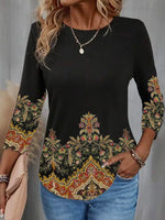 Casual Long Sleeve Crew Neck Ethnic Loose Regular T-Shirt