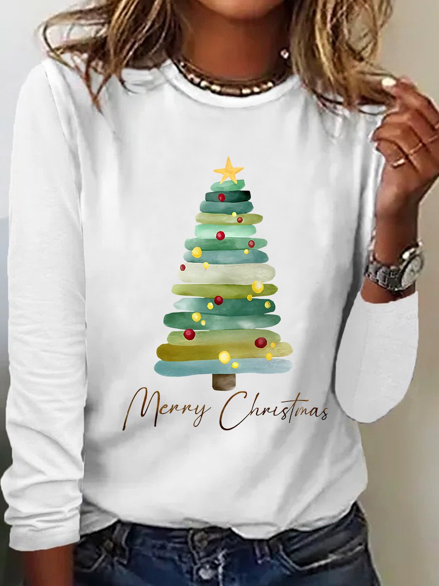 Loose Long Sleeve Crew Neck Christmas Tree Casual Regular T-Shirt