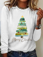 Loose Long Sleeve Crew Neck Christmas Tree Casual Regular T-Shirt