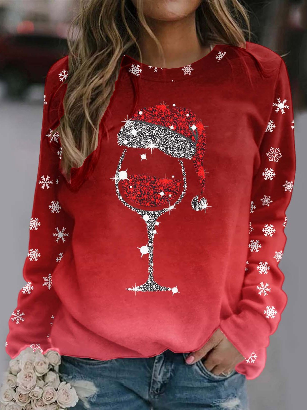 Loose Long Sleeve Crew Neck Christmas Wine Glass Casual Regular Sweatshirt