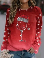 Loose Long Sleeve Crew Neck Christmas Wine Glass Casual Regular Sweatshirt