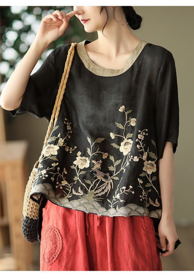 Casual Short Sleeve Crew Neck Floral Loose Regular Blouse