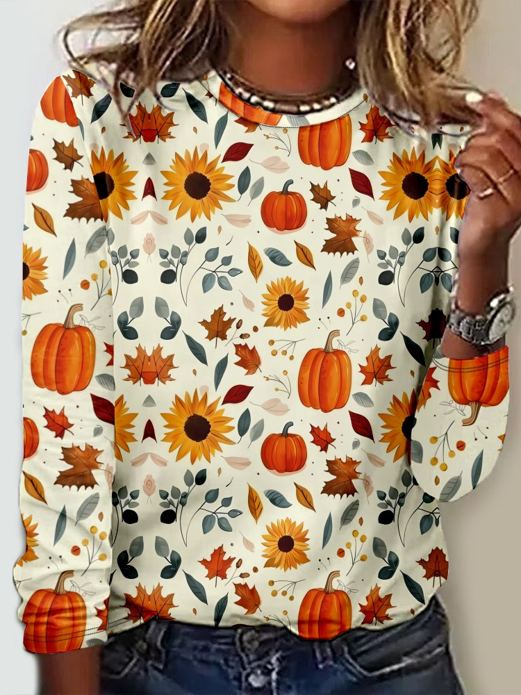 Casual Long Sleeve Crew Neck Floral Halloween Loose Regular T-Shirt