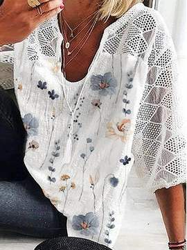 Loose Three Quarter Sleeve V Neck Floral Pattern Linen Regular Blouse