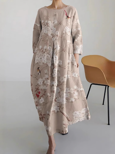 Casual Three Quarter Sleeve Crew Neck Floral Loose Maxi Dress