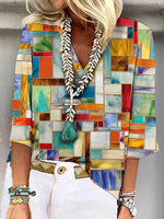 Loose Three Quarter Sleeve V Neck Geometric Casual Regular Blouse