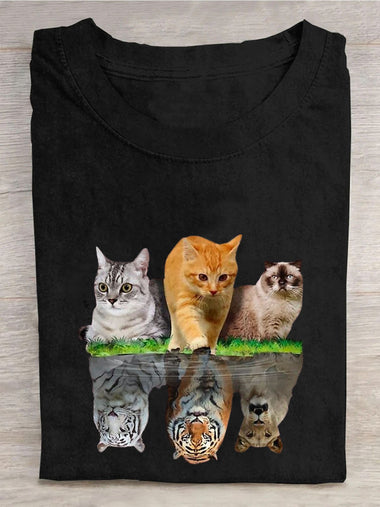 Casual Long Sleeve Crew Neck Cat Loose Regular T-Shirt