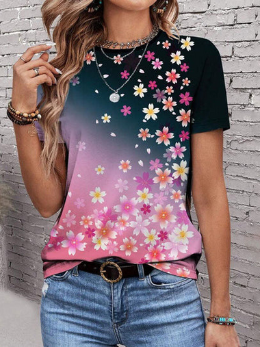Casual Short Sleeve Crew Neck Floral Loose Regular T-Shirt
