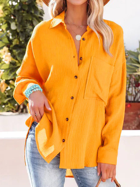 Casual Long Sleeve Shirt Collar Plain Loose Regular Shirt