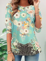 Loose Long Sleeve Crew Neck Floral Casual Regular T-Shirt