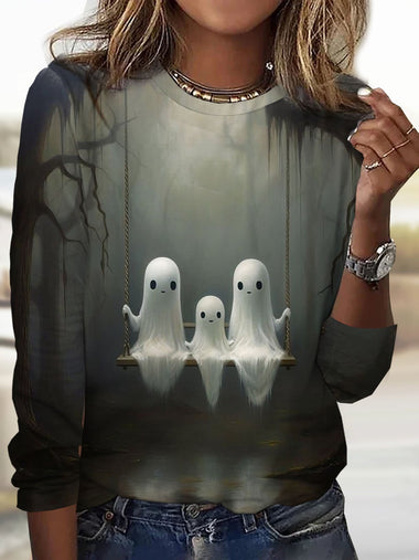 Loose Long Sleeve Crew Neck Halloween Casual Regular T-Shirt