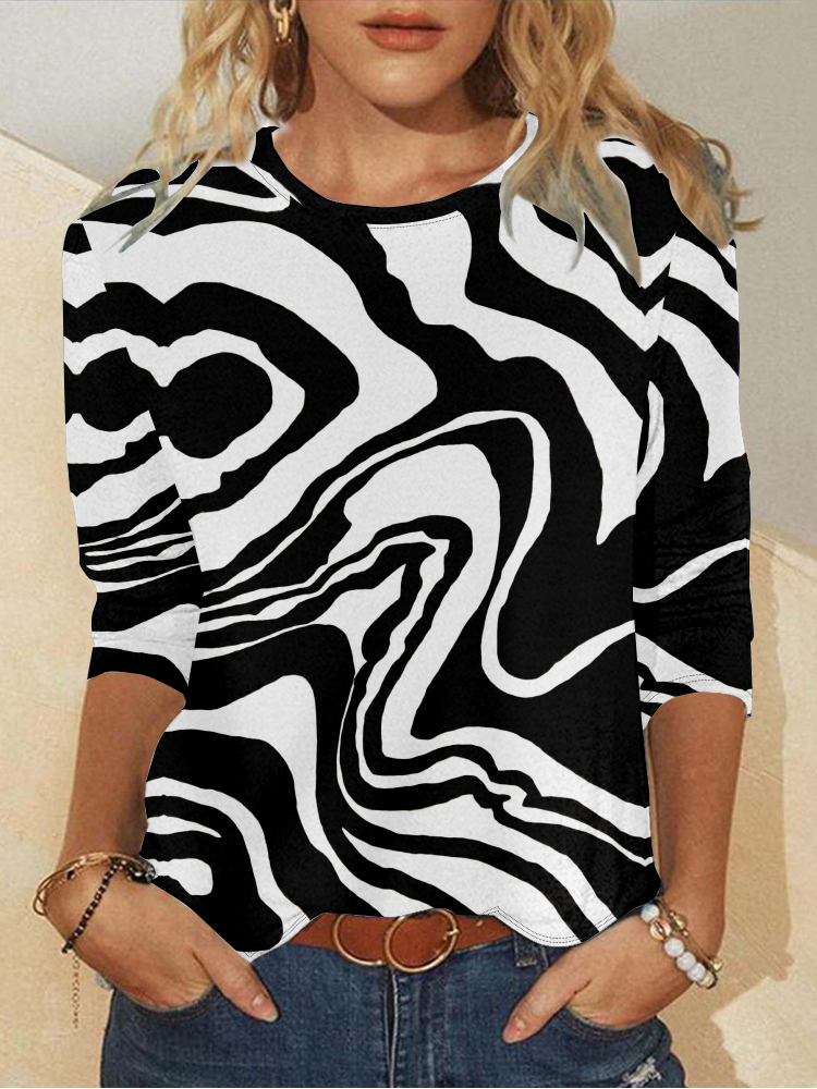Casual Long Sleeve Crew Neck Abstract Loose Regular T-Shirt