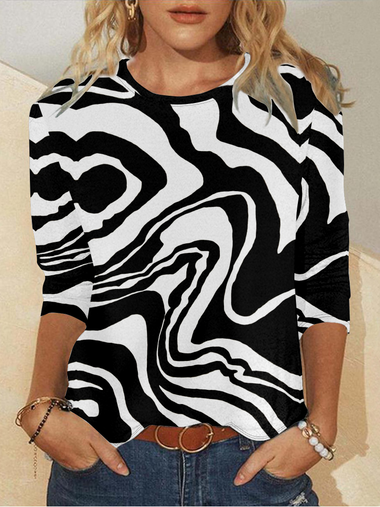 Casual Long Sleeve Crew Neck Abstract Loose Regular T-Shirt