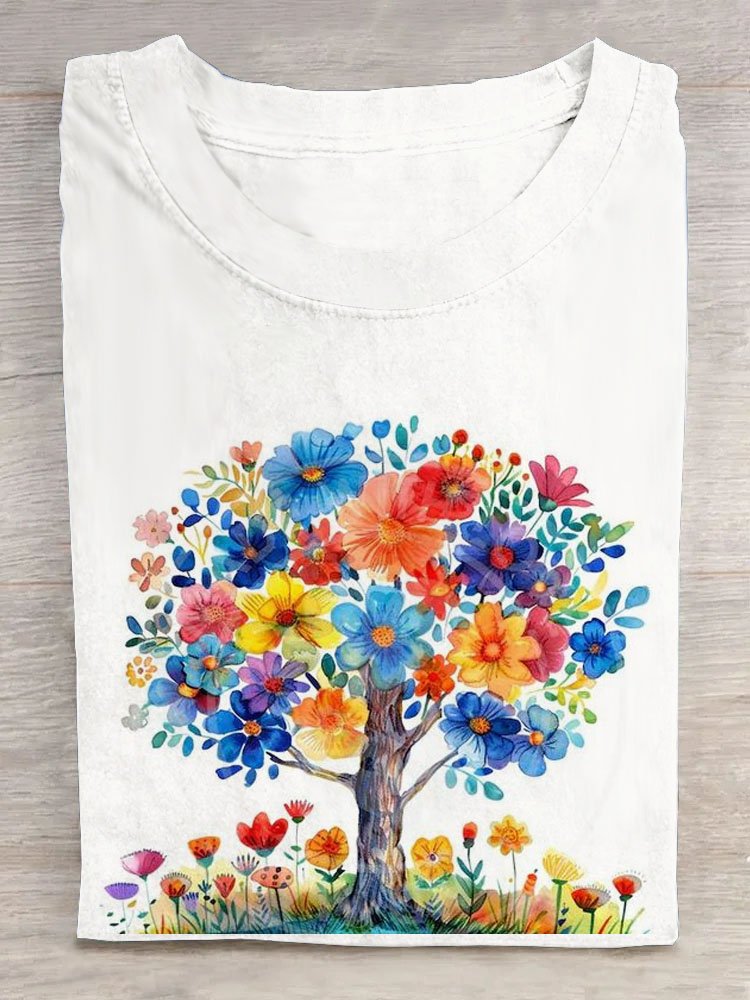 Loose Short Sleeve Crew Neck Tree Floral Casual Regular T-Shirt