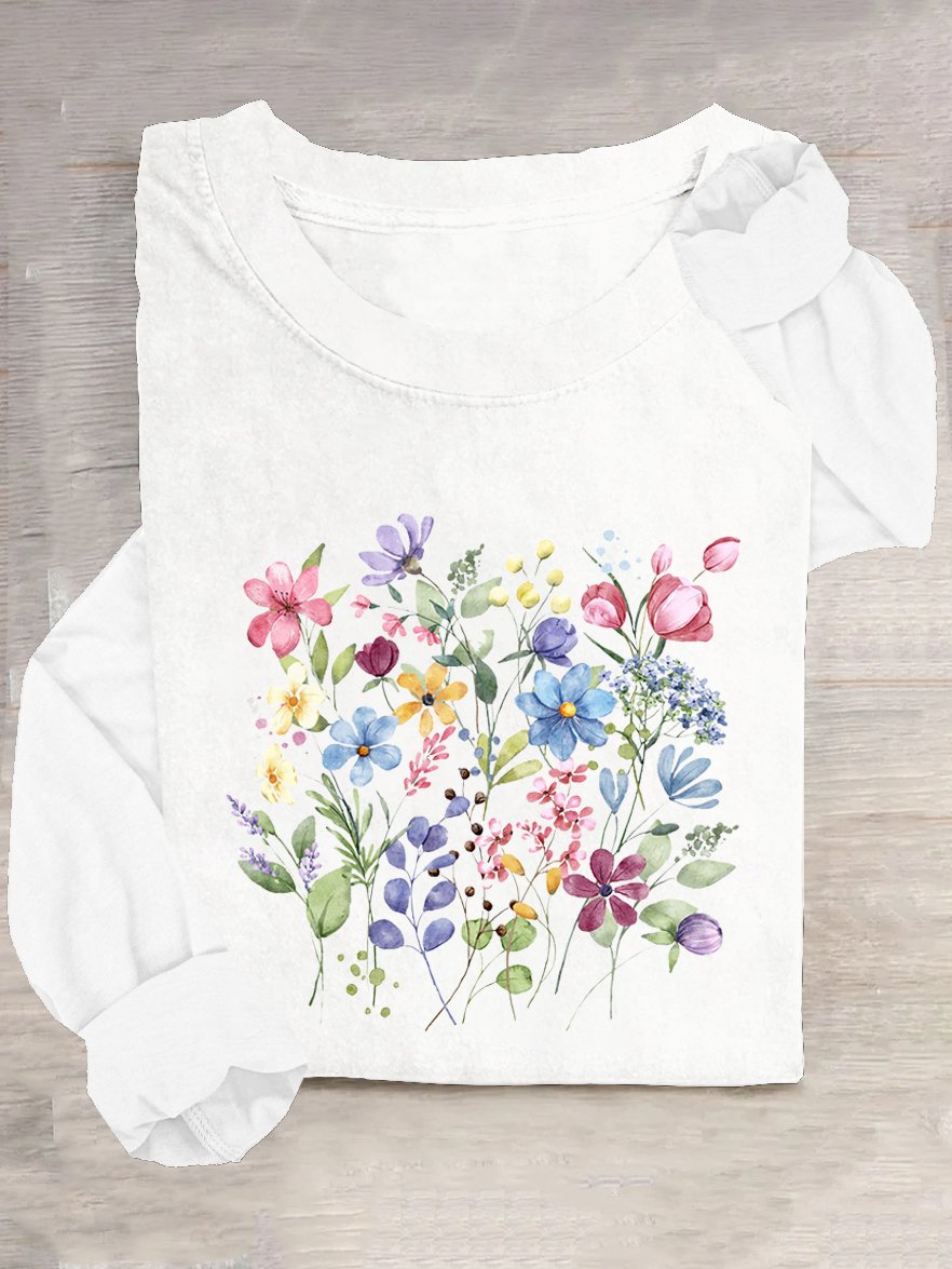 Loose Long Sleeve Crew Neck Floral Casual Regular T-Shirt