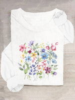 Loose Long Sleeve Crew Neck Floral Casual Regular T-Shirt