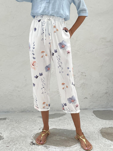 Casual Floral Printing Lace-Up Lace-Up Loose Ankle Pants