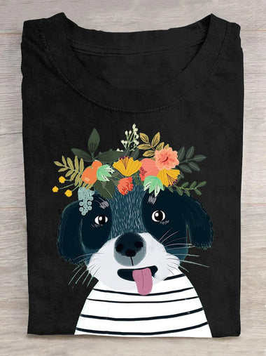 Loose Short Sleeve Crew Neck Dog Floral Casual Regular T-Shirt