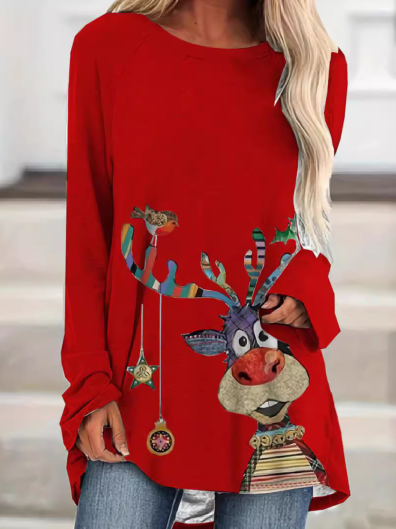 Casual Long Sleeve Crew Neck Christmas Loose Regular Blouse