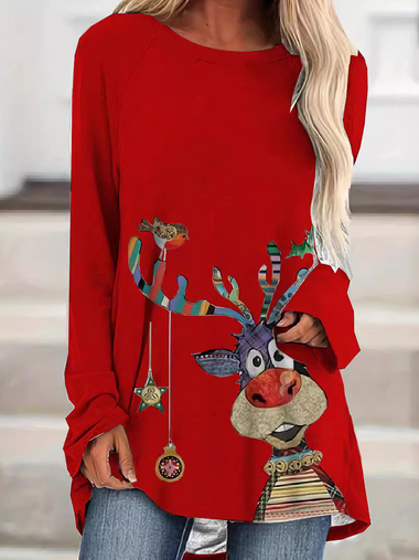 Casual Long Sleeve Crew Neck Christmas Loose Regular Blouse